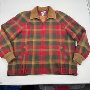 Pendleton Knockabout Jacket Mens Large Red Plaid Wool Zip Corduroy Collar USA